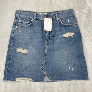 New Free People Mini Skirt Womens 28 Blue Denim Midstone Distressed 5-Pocket